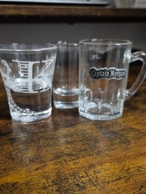 Captain Morgan Mug Shot Glass, K & Octopus Legs Shit Glass